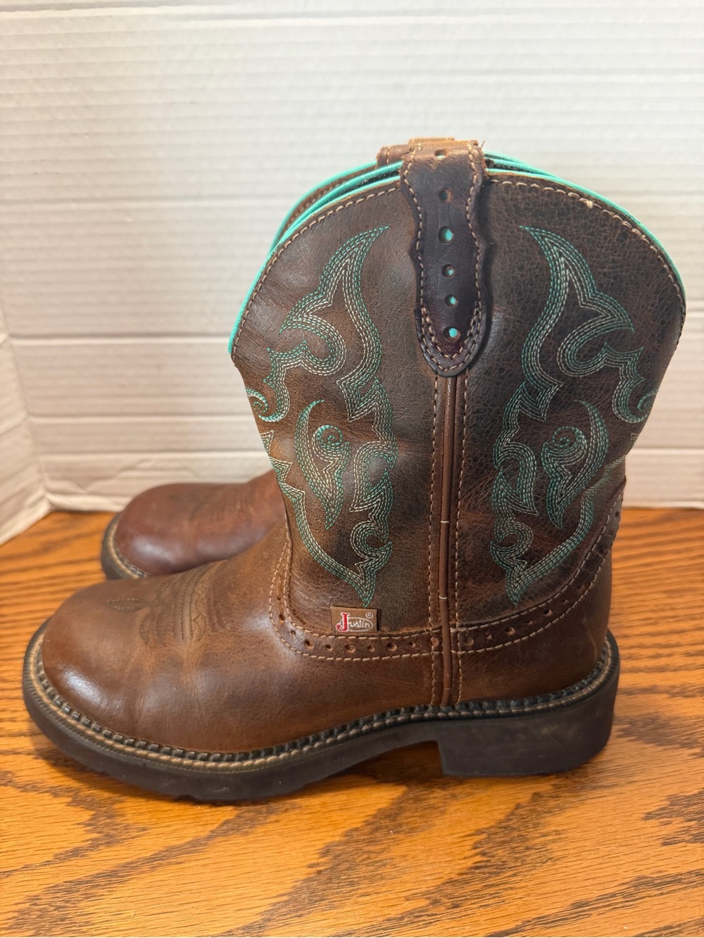 Justin Woman’s Brown Leather Western Boots with Teal Stitching